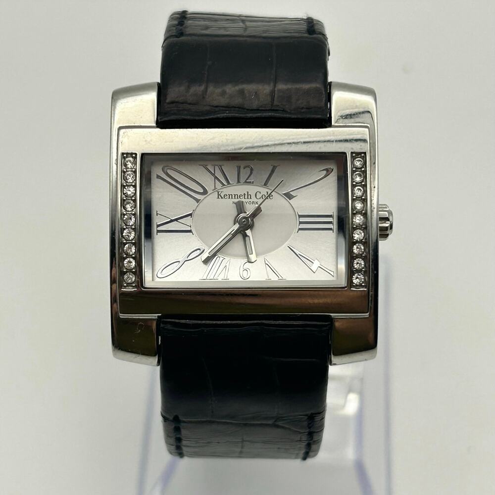 Kenneth Cole New York Silver-tone Black Leather Womens Watch Working New Battery